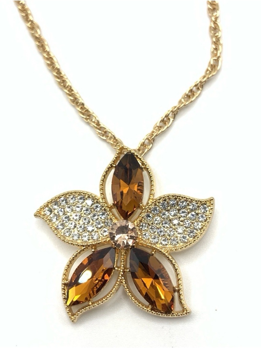 Floral Rhinestone Pendant Gold Tone Chain Necklace 20”